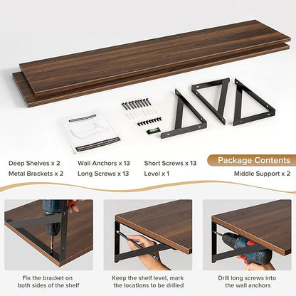 Acovy Deep Floating Shelves Wall Mounted, 55"x12" Walnut Wall Shelves with Brackets Set of 2 for Bedroom, Living Room, Bathroom, Kitchen, Office - Storage & Display Shelf for Decor, Books, Plants