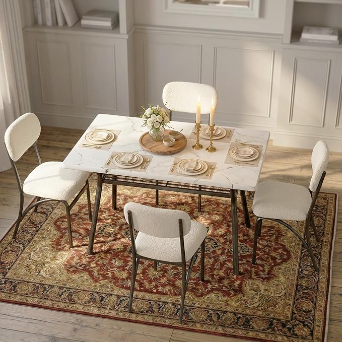 GarveeHome 5-Piece Dining Table Set for 4, Modern Kitchen Table with 4 Boucle Chairs, Rectangular Dining Table with Storage Shelf & Marble Tabletop, Beige Home Dining Furniture for Small Space