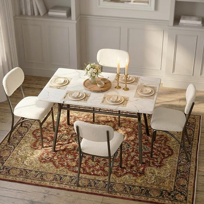 GarveeHome 5-Piece Dining Table Set for 4, Modern Kitchen Table with 4 Boucle Chairs, Rectangular Dining Table with Storage Shelf & Marble Tabletop, Beige Home Dining Furniture for Small Space