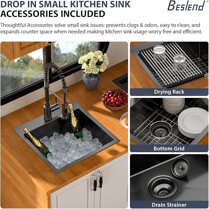 18 Inch Drop In RV Bar Sink - Beslend 18x18x9 Gunmetal Black Topmount Sink for RV Camper, Outdoor Kitchen Sink Black Stainless Steel Wet Bar with Roll-up Rack, Drain Assembly & Rinse Grid