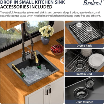 18 Inch Drop In RV Bar Sink - Beslend 18x18x9 Gunmetal Black Topmount Sink for RV Camper, Outdoor Kitchen Sink Black Stainless Steel Wet Bar with Roll-up Rack, Drain Assembly & Rinse Grid