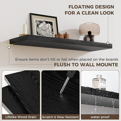 Fun Memories 24 x 12 Inch Deep Floating Shelves, 12 Inch Deep Rustic Wooden Book Shelf, Extra Deeper & Thicker Hanging Shelves for Living Room, Bathroom, Bedroom, Kitchen, Office, Set of 3 (Black)