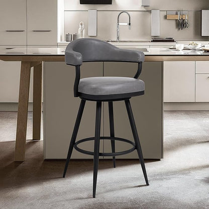 Armen Living Justin Modern Farmhouse 26" Seat Height Swivel Vintage Gray Faux Leather Bar Stool with Black Metal Legs for Kitchen Island Counter