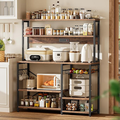SUPERJARE Bakers Rack with Power Outlet, 47.2 Inches Coffee Bar with 3 Level-Adjustable Open Shelves, Wire Basket, Kitchen Microwave Stand with 6 S-Shaped Hooks, Rustic Brown