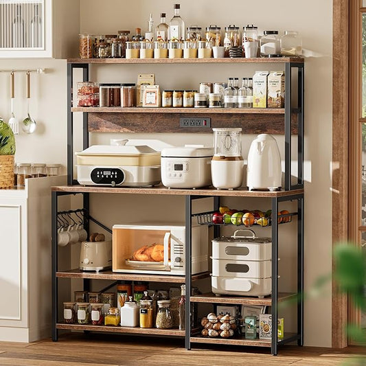 SUPERJARE Bakers Rack with Power Outlet, 47.2 Inches Coffee Bar with 3 Level-Adjustable Open Shelves, Wire Basket, Kitchen Microwave Stand with 6 S-Shaped Hooks, Rustic Brown