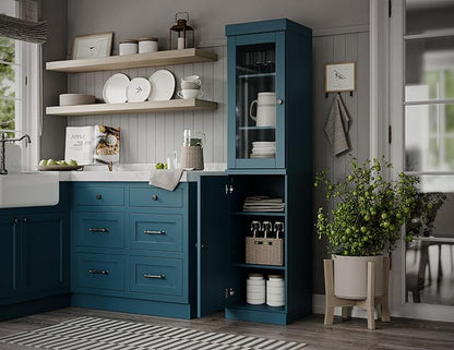 Palace Imports Solid Wood Kitchen Pantry - Narrow Storage Cabinet - 16.5" Wide x 71.5" Tall - 1 Raised Panel & 1 Glass Door, Teal Blue, Adjustable Shelves, 100% Eco-Friendly Wood, Modular Cabinets