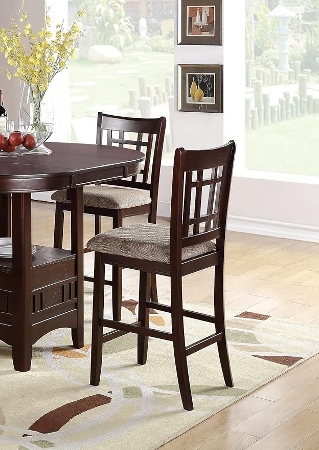 Set of 2 Brown Counter Height Chairs for Dining Room, Kitchen Island, Bar - Upholstered Cushioned Chairs with Unique Back Support