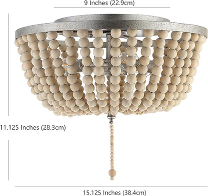 JONATHAN Y 15" Antique Silver/Cream Allison 3-Light LED Flush Mount Ceiling Light for Bedroom, Wood Beaded Shade Shabby Chic Farmhouse Rustic Decor, LED Bulbs Included (JYL9019C)