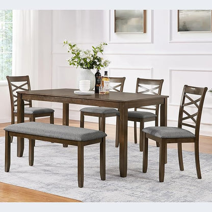 6 Piece Wooden Dining Table Set with 4 Chairs and a Bench, Rectangular Kitchen Table Set for 6 People, Modern Dining Room Table Set for Kitchen and Dining, Walnut