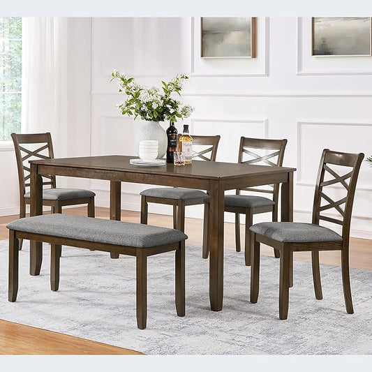 6 Piece Wooden Dining Table Set with 4 Chairs and a Bench, Rectangular Kitchen Table Set for 6 People, Modern Dining Room Table Set for Kitchen and Dining, Walnut