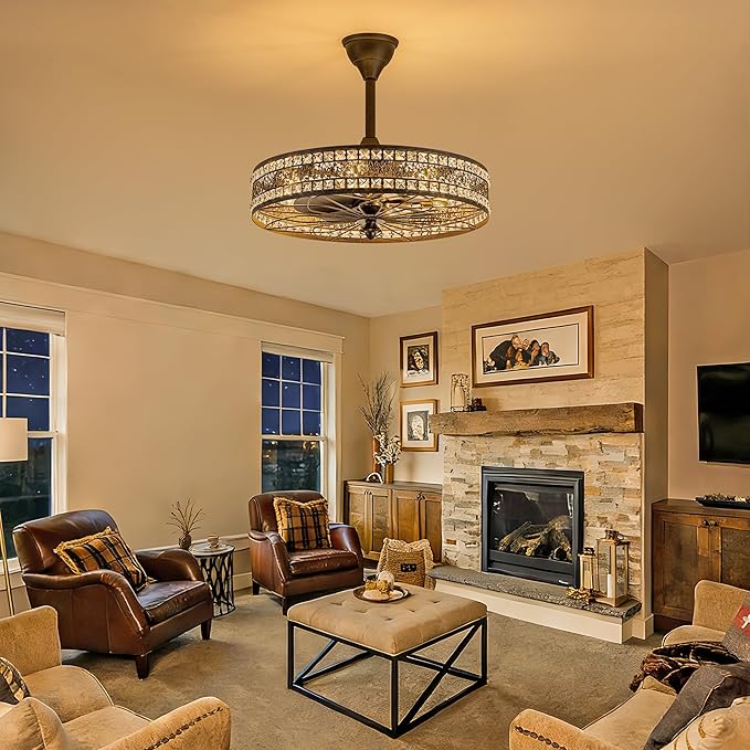 Art Deco Chandelier Light Fixture, 8-Light 24 Inch Large Unique Crystal Fandelier Ceiling Fan with Light, Transitional Art Nouveau Bladeless Enclosed Caged Pendant for Living , Dining , Bedroom