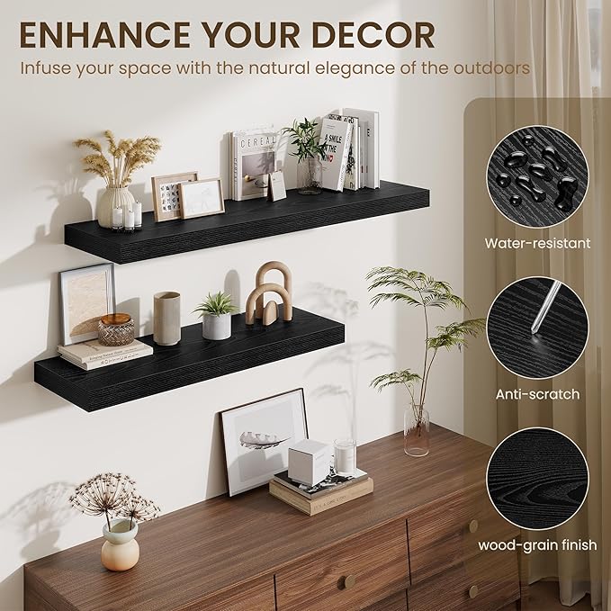 Fun Memories 72 Inch Fireplace Mantel Shelf, 12 Inch Deep Shelves for Display & Wall Storage, Rustic Wood Wall Shelf, Extra Long Floating Shelves for Living Room Laundry Room, Black, Set of 1