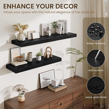 Fun Memories 72 Inch Fireplace Mantel Shelf, 12 Inch Deep Shelves for Display & Wall Storage, Rustic Wood Wall Shelf, Extra Long Floating Shelves for Living Room Laundry Room, Black, Set of 1