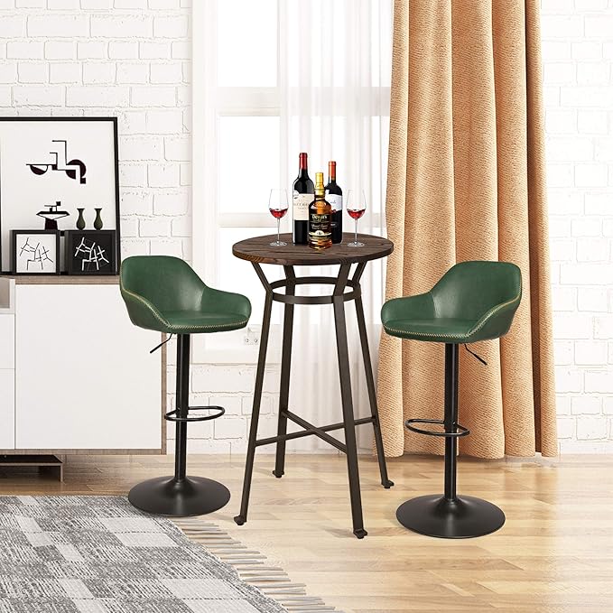 Glitzhome 3-Piece Pub Table and Chairs, Round Bar Height Adjustable Swivel PU Leather Bar Stools Set of 2, Rustic Dining Room Tables for Kitchen Island Bistro Office Living Room Small Space Restaurant