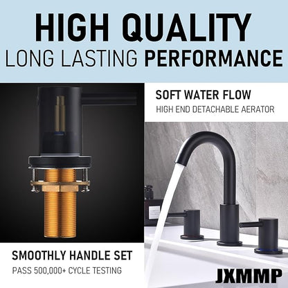 Black 3 Hole Bathroom Faucet, 8 in Matte Black Widespread Bathroom Sink Faucet with Pop Up Drain and Supply Lines, Stainless Steel 2 Handle Black Faucet for Vanity