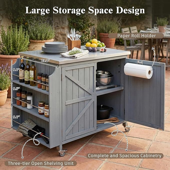 JIJIWANG 42.1" Outdoor Kitchen Island with Stainless Steel Top and Side Shelf, Outdoor Grill Cart with Storage Cabinet and Adjustable Shelves, Kitchen Cart on Wheels for Small Spaces Grey Blue