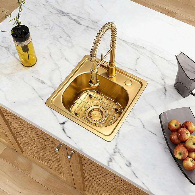 MILOSEN 15 x 15 inch Gold Drop in Bar Sink, T304 Stainless Steel Topmount RV Small Kitchen Sinks, Gold Deep Outdoor Single Bowl Wet Bar&Prep Sinks with Strainer, Brushed Nickel