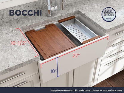 BOCCHI Contempo Workstation Apron Front Step Rim Fireclay 27 in. Single Bowl Kitchen Sink with Accessories in White
