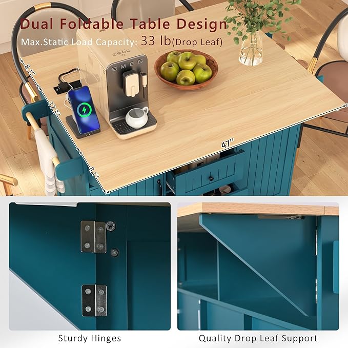 Modern Dining Table 55.7'' Large Kitchen Island with 2 Drop, Rolling Cart on 5 Wheels with Power Outlet, Folding Dining Table with Spice Rack, 3 Drawers, Console,Green-MDF