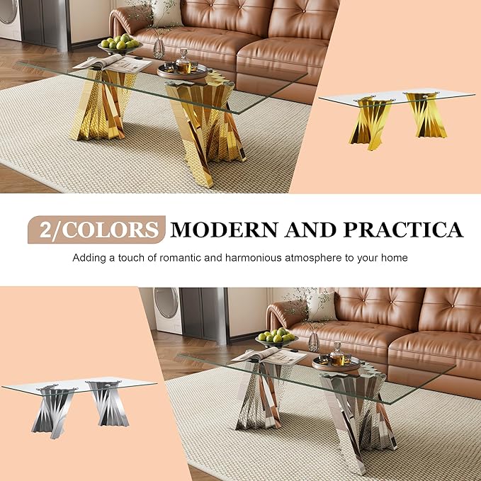 Glass Coffee Table, 51" Center Table with Tempered Glass Tabletop and Mirror Finish Stainless Steel Legs, Modern Rectangular Tea Table for Living Room, Office, Apartment