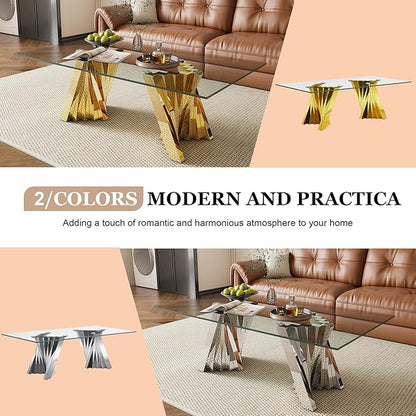 Glass Coffee Table, 51" Center Table with Tempered Glass Tabletop and Mirror Finish Stainless Steel Legs, Modern Rectangular Tea Table for Living Room, Office, Apartment