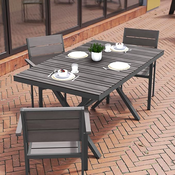 Flash Furniture Finch Commercial Grade X-Frame Outdoor Dining Table 59" x 35.5" with Faux Teak Poly Slats and Metal Frame, Gray/Gray