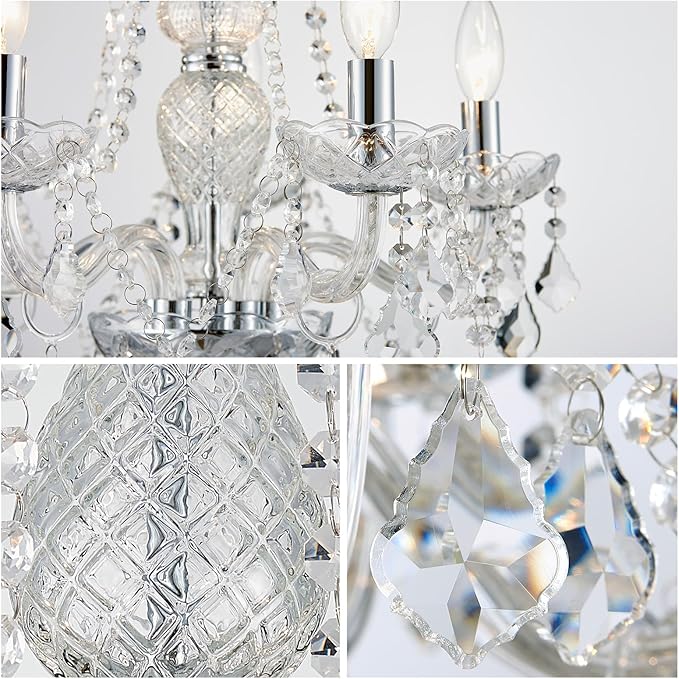 WUZUPS 5-Light Crystal Candle Chandelier Pendant Ceiling Light Modern Lighting Fixture for Bedroom Hallway Bar Kitchen Bathroom, H 25" W 20", E12 Base, Chrome