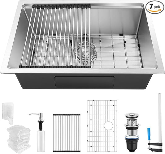 27x18Inch Undermount Kitchen Sink, Herogo Stainless Steel Single Bowl Handmade 16 Gauge 10'' Deep Kitchen Workstaion Sink Basin with Accessories