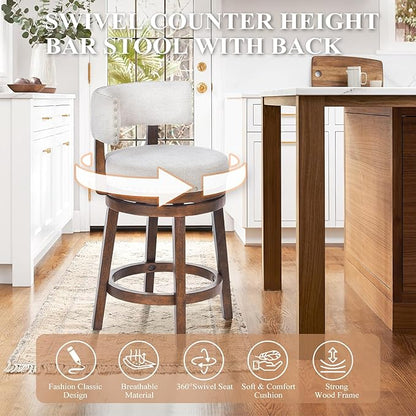 COLAMY Swivel Counter Height Bar Stools Set of 3, 25 Inch Modern Upholstered Kitchen Island Barstools with Back, Wood Swivel Bar Chairs for Dining Room, Beige