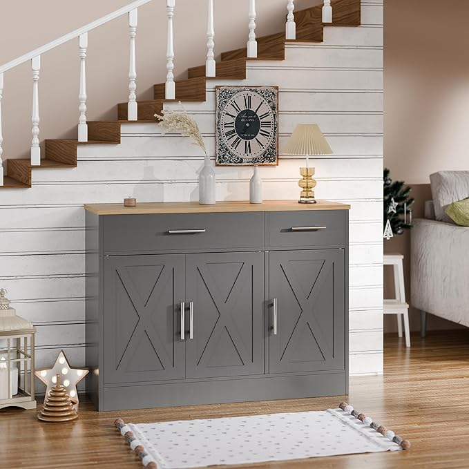SUNLEI Kitchen Buffet Sideboard Cabinet, Wooden Storage with 3 Doors and 2 Drawers, Adjustable Shelf, Modern Farmhouse Coffee Bar Cabinet with Storage for Kitchen/Laundry/Living Room,Grey