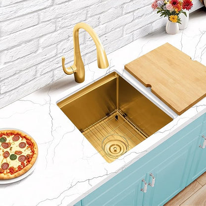 15 Inch Gold Sink Undermount, 16 Gauge 304 Stainless Steel Workstaion Kitchen Sinks with Ledge & Accessories, 15" x 17" x10" Deep Bowl For Outdoor, RV,Prep Sink, and Wet Bar