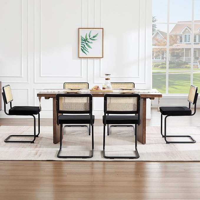 Zesthouse Natural Rattan Dining Chairs Set of 2, Modern Dining Room Chairs with Solid Wood Back for Kitchen Living Room, Mid Century Breuer Design Inspired, Upholstered Velvet Fabric, Black
