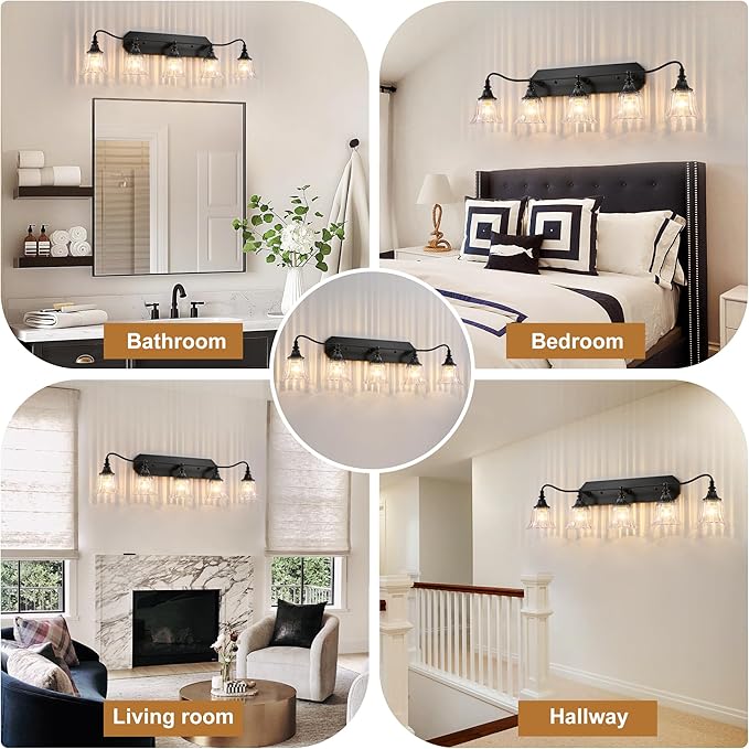 LmnLvn Bathroom Vanity Black Vintage Light Fixture, 5 Lights Bathroom Lighting Matte Antique Brass Finish with Crystal Glass Shade, Black Vintage Vanity Light