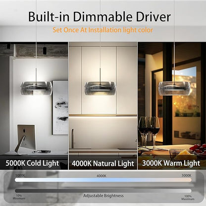 Modern Pendant Lights Kitchen Island, Dual-Sided LED 3-CCT Dimmable Smoked Glass Hanging Lighting Fixture, Adjustable Cable for Dining Room, Bar, Over Table, Sloped Ceiling Chrome Silver