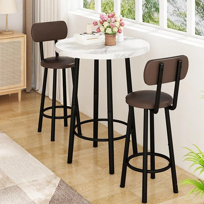 Recaceik Pub Table and Chairs Set of 2, 24" Dining Table Set with 2 PU Leather Upholstered Stools, 3-Piece Round Small Space Kitchen Table Pub Table Set for Apartment Dining Room, Living Room, White