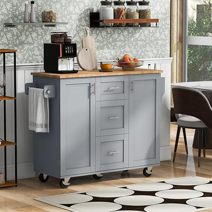 Rolling Kitchen Island with Storage, Kitchen Cart with Rubber Wood Top,3 Drawer,2 Slide-Out Shelf and Internal Storage Rack, Kitchen Island on Wheels with Spice Rack & Tower Rack (Grey-Blue~09)