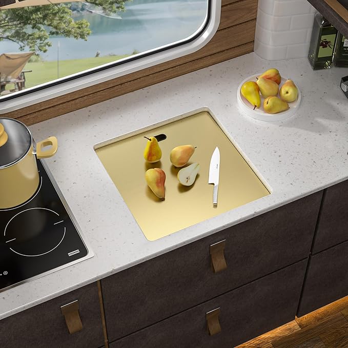 18"x18" Undermount RV Kitchen Sink Workstation – 16 Gauge 304 Stainless Steel Brushed Gold NANO-PVD Single Bowl Sink with Foldable Faucet, for RV, Camper, Mobile Home, Wet Bar