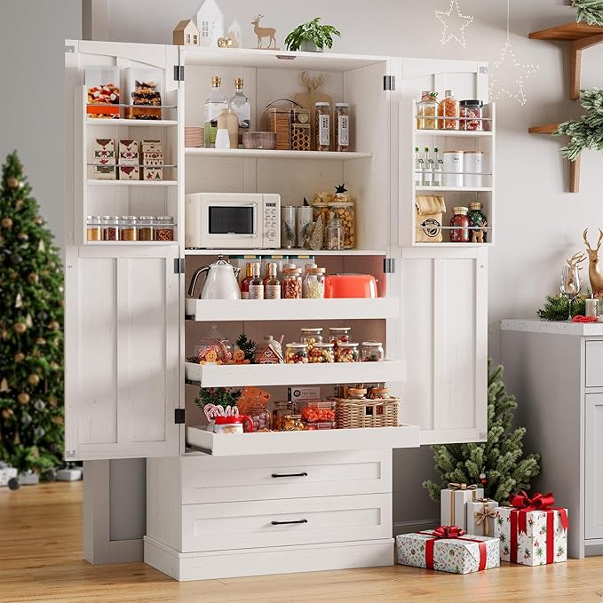 ONBRILL 71" Tall Farmhouse Kitchen Pantry Cabinet with 3 Pull Out Shelves & 2 Large Drawers, Pantry Storage Cabinet with 6 Door Shelf & Adjustable Shelf, Freestanding Cupboard for Kitchen, Dining Room
