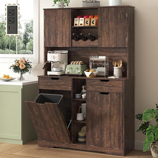 71"H Kitchen Pantry Storage Cabinet with Power Outlets and Two Drawers,10X2 Gallon Kitchen Hidden Double Tilt Out Trash Can Cabinet with Trash Bin Storage Holders,Laundry Hamper Cabinets(Brown)
