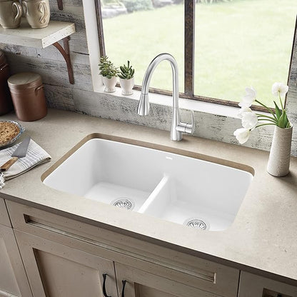 Valea Equal Double Bowl Kitchen Sink with Low Divide, White