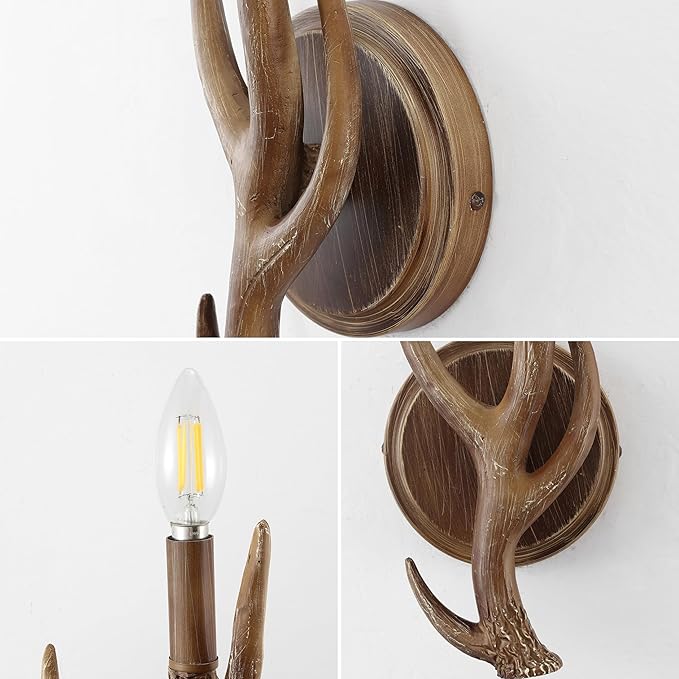JONATHAN Y 5.5" Brown 1-Light Wood Finish Faux Antler LED Vanity Light Set of 2, Rustic Wall Sconces for Bathroom Mirror Hallway, Southwestern Farmhouse Decor, LED Bulbs Included JYL6307A-SET2