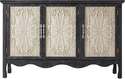 RoyalCraft Buffet Cabinet with Storage, Vintage Solid Wood Sideboard with 3 Carved Doors, Painted Coffee Bar Console Table for Dining Room, Living Room, Kitchen, Black
