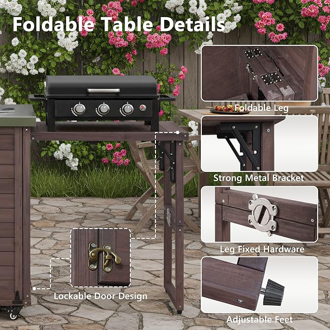 78.3" Outdoor Kitchen Island with Foldable Grill Table, Wooden Outdoor Grill Cart with Trash Can Storage & Stainless Steel Top, Outdoor Bar Cart, Pizza Oven Table for Lawn & Garden, Dark Brown