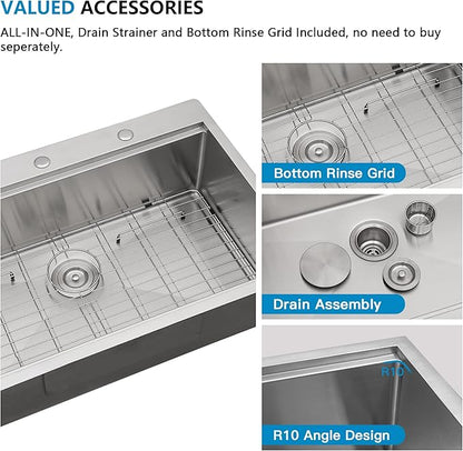 36 Kitchen Sink Drop In - Fulorni 36"x22" Kitchen Sink Drop In Topmount Ledge Workstation 16 Gauge 304 Stainless Steel Over Mount Large Single Bowl Basin