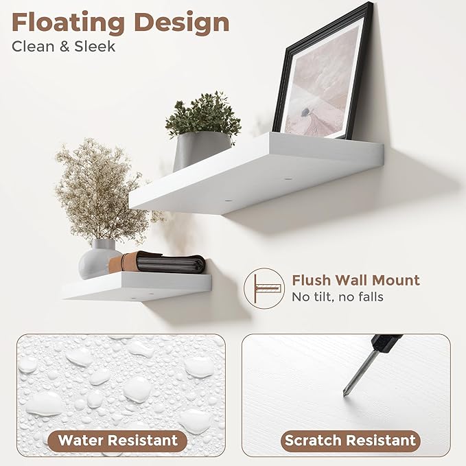 32 Inch Floating Shelves for Wall Set of 2, 8"D Wood Grain Bathroom Shelves with Invisible Brackets, Easy Install Engineered Wood Storage Shelves for Kitchen, Living Room, Bedroom, White Finish