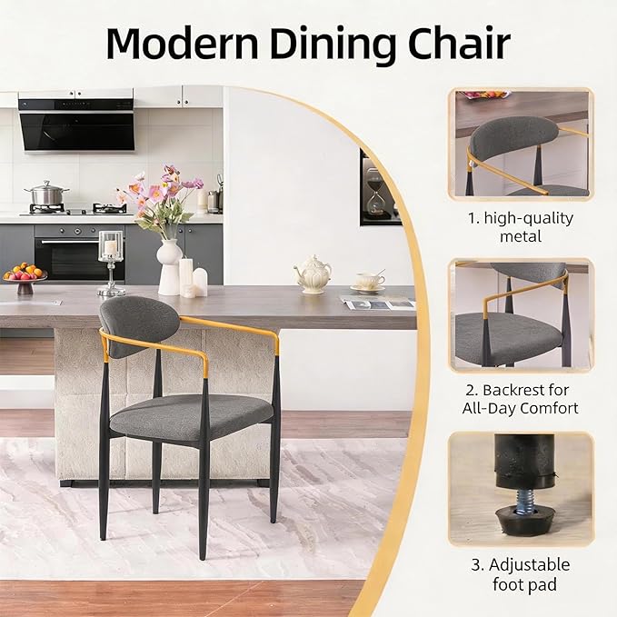 Modern Upholstered Accent Chair Set of 2 with Gold Accented Armrests, Ergonomic Barrel Back, Padded Fabric Seat, Metal Frame for Dining Room, Kitchen Island, Counter, Office (Grey,Dining Chair)