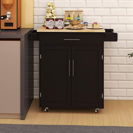 Modern Dining Table Kitchen Island Rolling Trolley Cart with Shelves, Drawer, Doors, Towel Rack & Seasoning Rack - Rubber Wood Table Top for Dining Room,Black-MDF