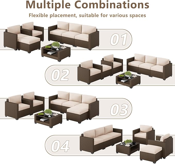 LOUVIXA 7 Piece Outdoor Patio Furniture Set, Rattan Chairs Glass Table Wicker Conversation Seating Sectional Sofa with Cushions (Brown-Beige, 7Pcs-2 Layer Coffee Table)
