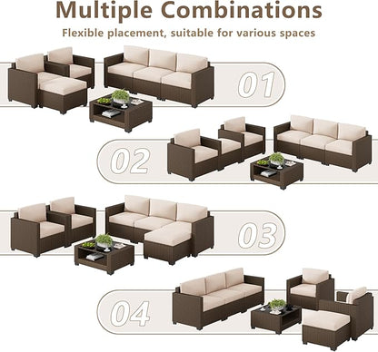 LOUVIXA 7 Piece Outdoor Patio Furniture Set, Rattan Chairs Glass Table Wicker Conversation Seating Sectional Sofa with Cushions (Brown-Beige, 7Pcs-2 Layer Coffee Table)