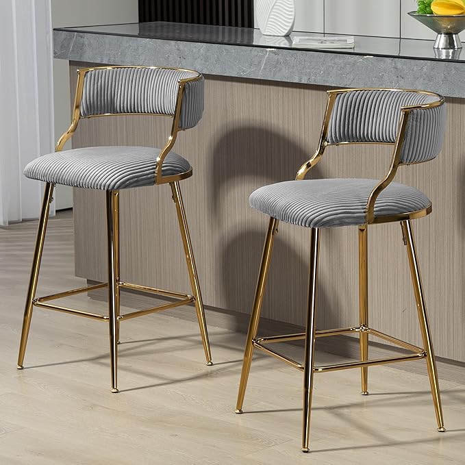 Modern Dining Chairs,Elegant American Design,26-Inch Counter Height Bar Stools Set of 2, Upholstered Kitchen Island with High Back, Swivel Solid Wood Frame and Metal Legs for Room, Home,Grey-Corduroy-